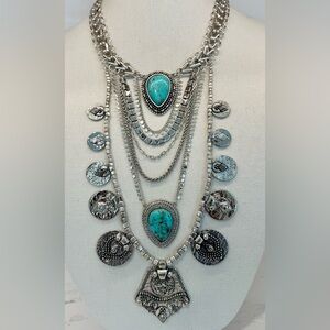 🩵🩶 Real Turquoise Western Statement Chico’s Layered Boho Necklace Silver Tone